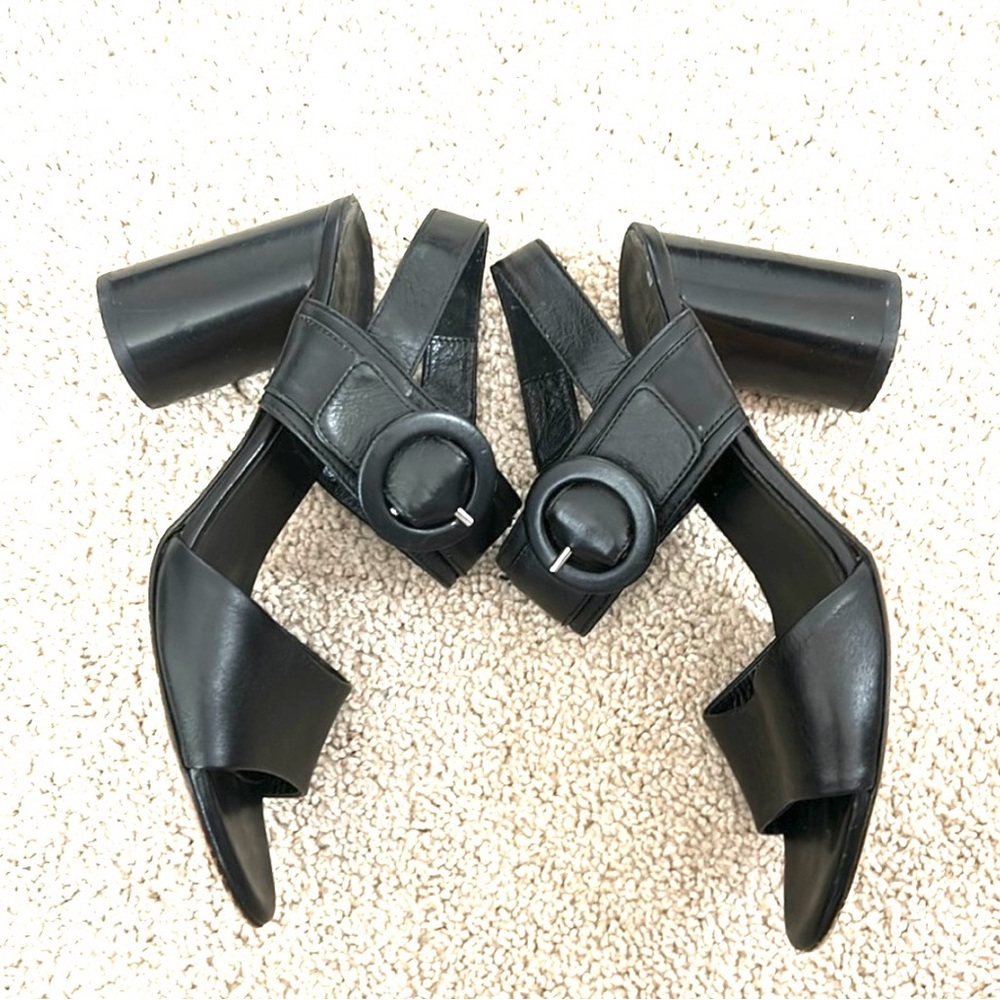 Napoleoni Womens Sz 7.5 Black Leather Buckle Sandals Heels Shoes Made in Italy.